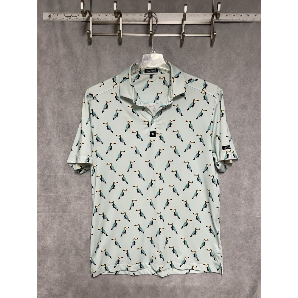 Bad Birdie Polo Shirt Men L Green Toucan Do It Golf AOP Performance Geometric - Picture 2 of 10